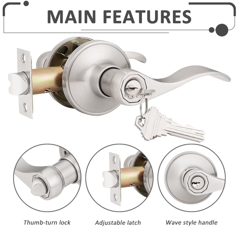 Probrico (3 Pack Entry Door Lever [Lock with 3 Keys],Locking Door Handle Set for Office or Front Door,Satin Nickel Finish Wave Entrance Door Lock with Key, Reversible Right & Left Side Handed - Image 2